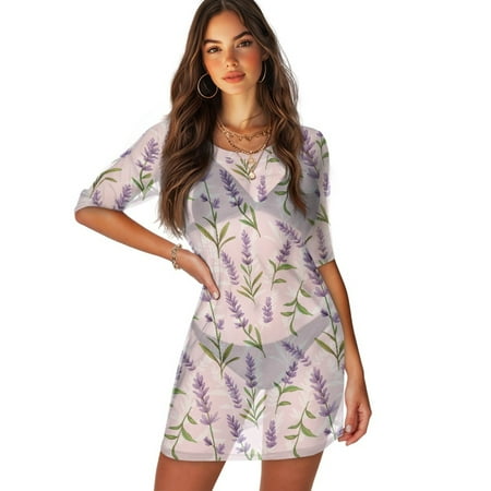 FKELYI Pink Lavender Print Women s Swimsuit Cover Ups Round Neck Swimwear Cover-Up Half-Sleeve Beachwear Bikini Beach Dress for Ladies Summer Vacation Swimming  2XL