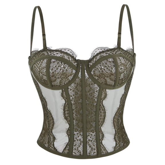 Conairie Women's Bustier Corset Top Lace Boned Solid Color Spaghetti Strap Fitted Mesh Bonded Party Going Out Cami Tops Army Green L