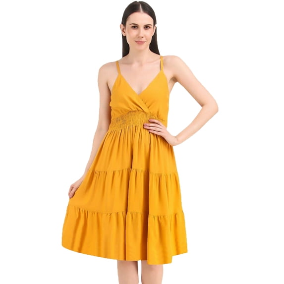 eloria Women Fashion A-Line Knee Length Western Solid Midi Dress Party Wear, Fabric: Rayon, Color: Yellow, Size: M