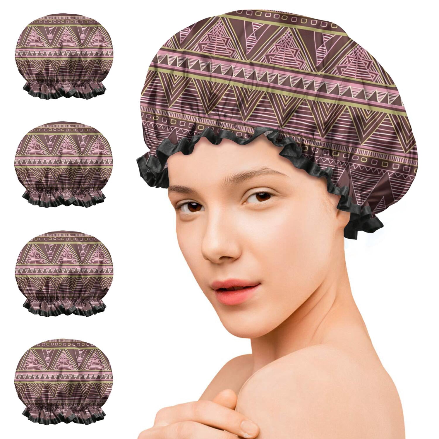 Shower Caps,Brown Geometric Striped Pattern Waterproof Shower Cap for Women 4 Pieces,Double Reusable Hair Cover for Shower PEVA Elastic Stretch Hem