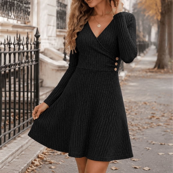 Women's Fall Midi Dress Knitted V-Neck Long Sleeve Ladies Fall Dress Black S
