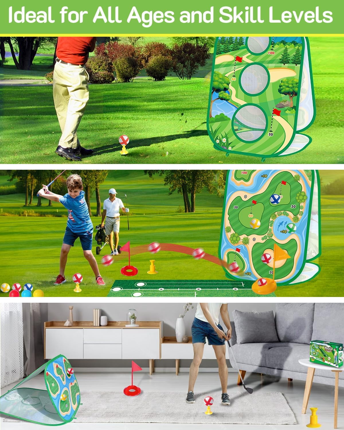Toddler Golf Set, Golf Chipping Game,4-In-1 Kids Sticky Golf Games Set With Club, Golf Putting Practice Mat,3-Sided Golf Chipping Net,Golf Cornhole Board Set,Indoor Outdoor Golf Toys For Kids & Adult