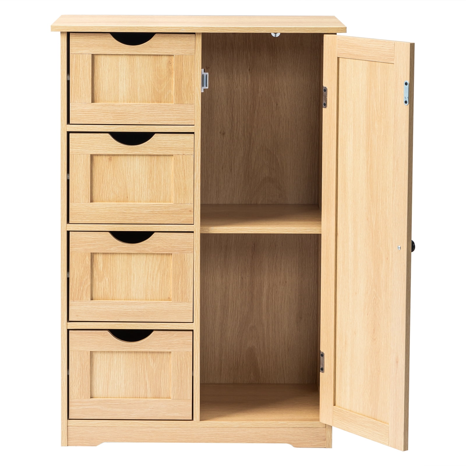 Ktaxon Wooden Bathroom Floor Cabinet, Side Storage Organizer with 4 Drawers, 1 Cupboard & 2-Shelves, Wood