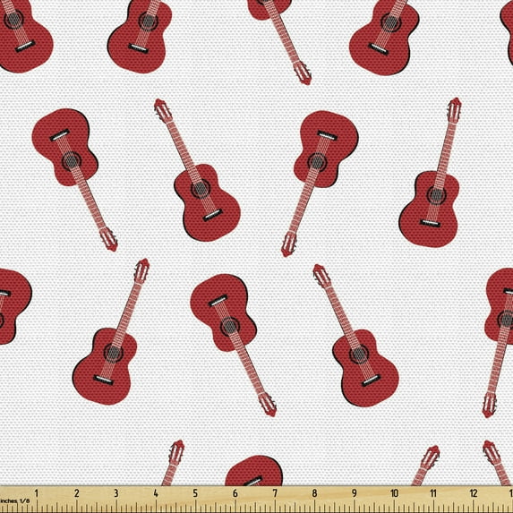Guitar Upholstery Fabric by the Yard, Repeating Minimal Illustration Classic Western Musical Instrument Motifs, Decorative Fabric for DIY and Home Accents, 5 Yards, Vermilion White by Ambesonne