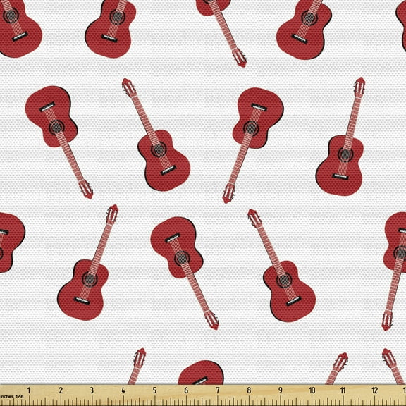 Ambesonne Guitar Fabric by the Yard Upholstery, Classic Western Instrument, 3 Yards, Vermilion White