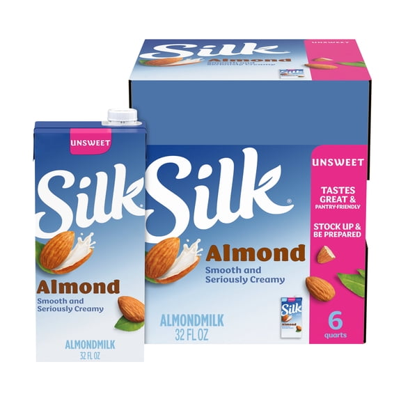 Silk Shelf Stable, Dairy Free, Lactose Free, Gluten Free, Unsweetened Almond Milk, 32 fl oz Quart, 6 Count
