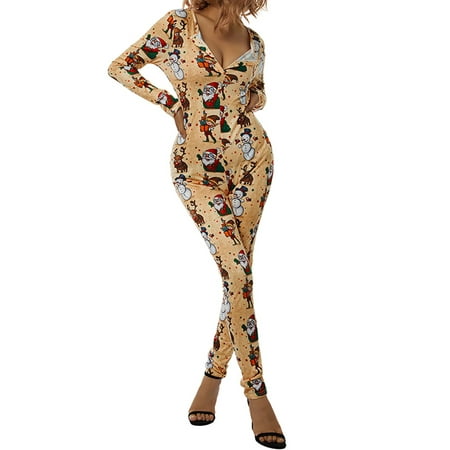 

Dewadbow Women Christmas Pajamas Zipper Jumpsuit Printed One-Piece Sleepwear