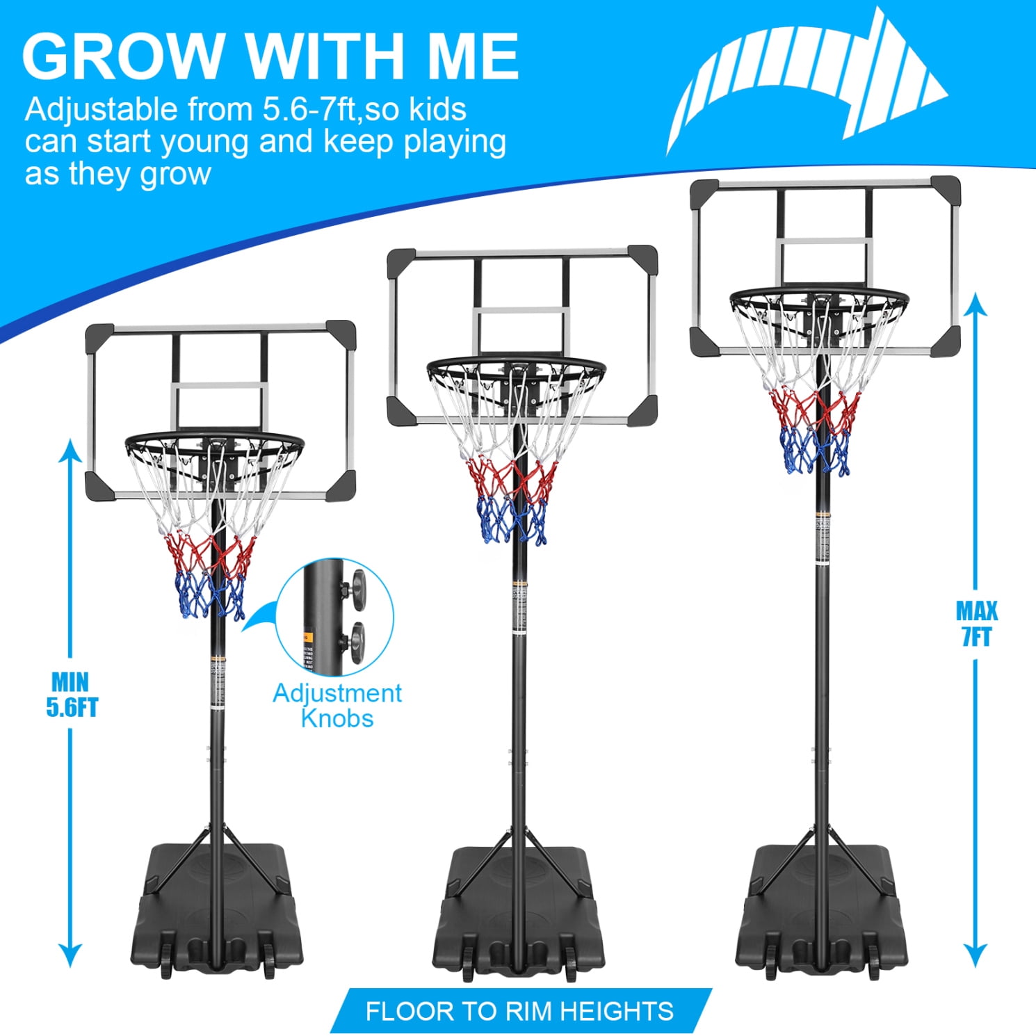 Portable Basketball Hoop, Height Adjustable 5.6 to 7FT Basketball Goal with 28 Inch Backboard and 2 Built-in Wheels, Indoor Outdoor Basketball Stand for Children, Teens, Youths, Adults, Black