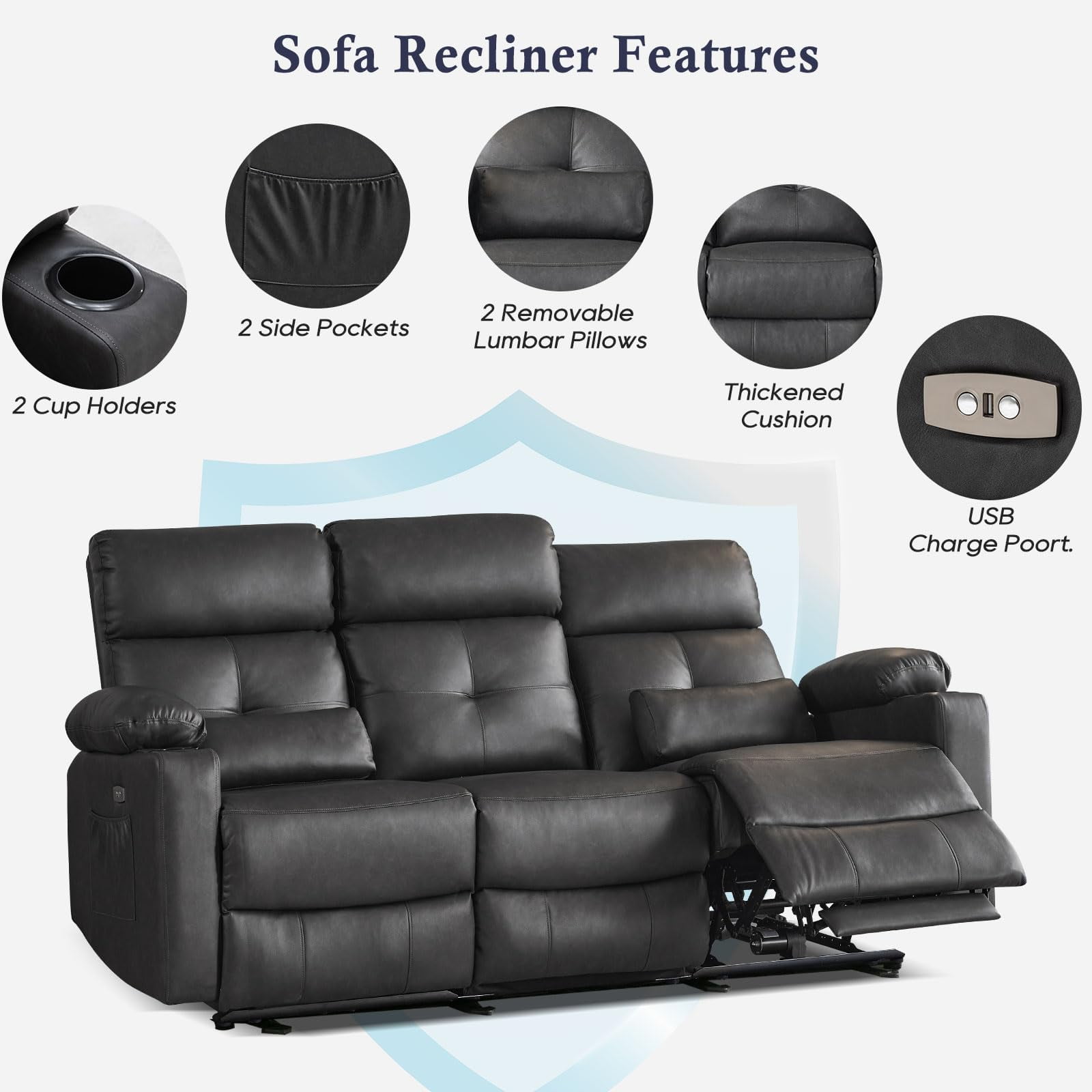 80'' Power Reclining Sofa with Heat and Massage, Electric Reclining Couch with Extended Footrest, Wall Hugger 3-Seater Recliner Sofa with USB Ports, Cup Holders for Living Room