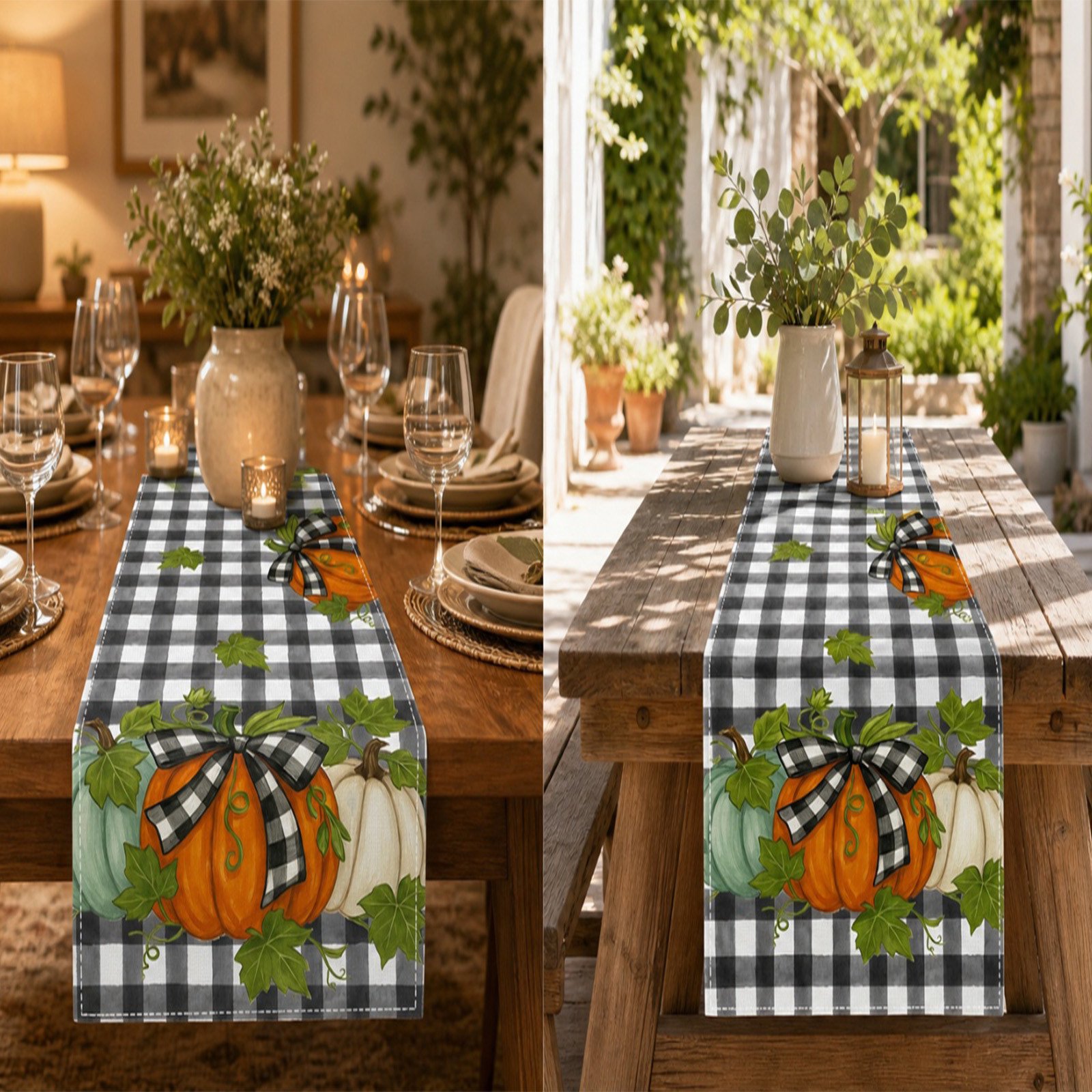 Cheapark Fall Thanksgiving Pumpkin Print Linen Table Runner Vintage Plaid Harvest Decorative Table Cloth Home Dining Table Holiday Decoration Pad Gift