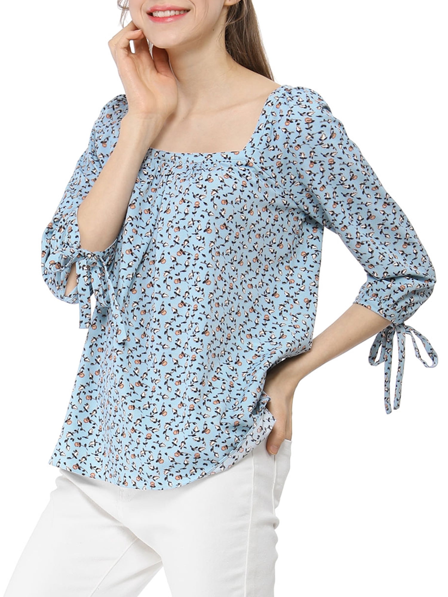 Women's Floral Tie Cuffs 3/4 Sleeves Square Neck Blouse