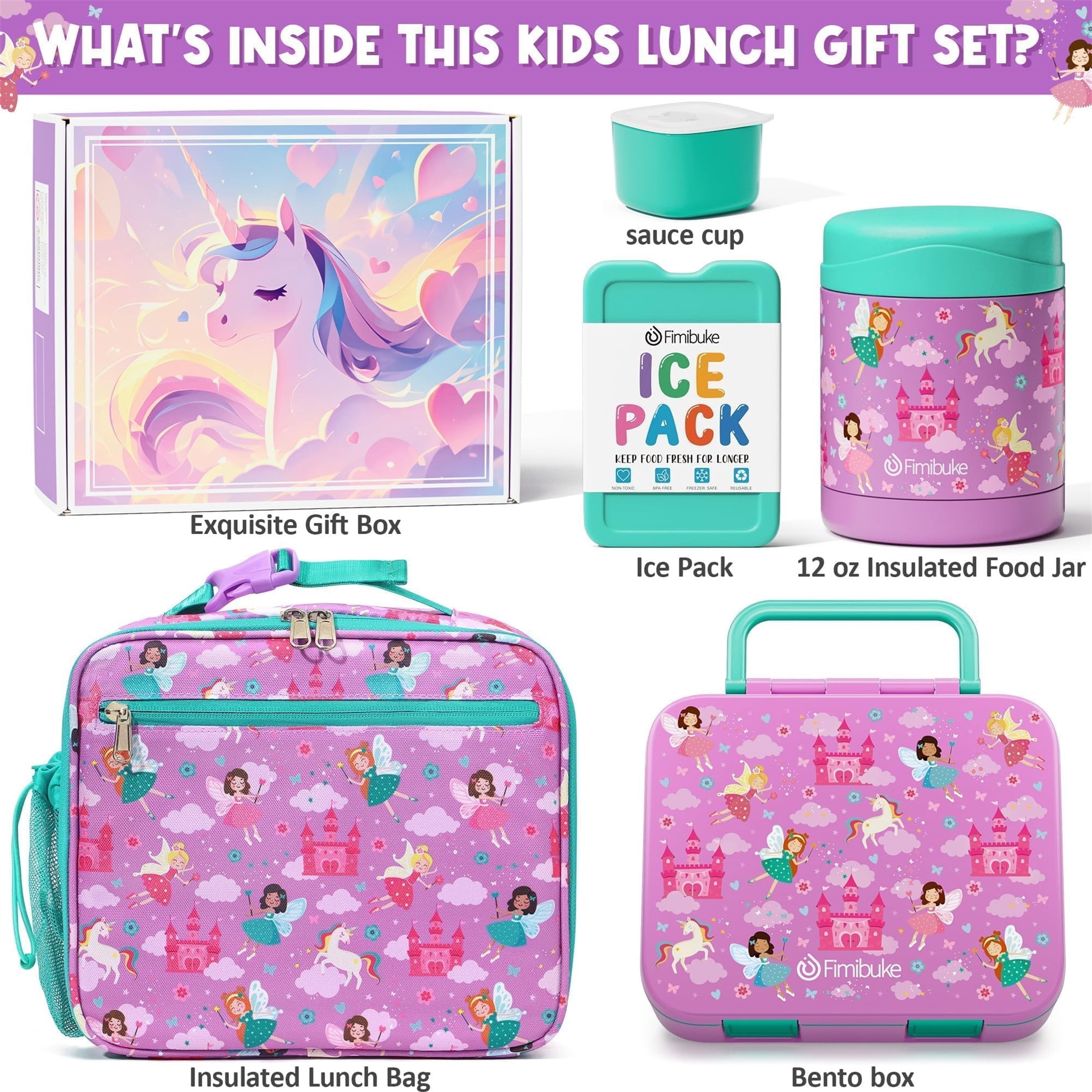 Bento Lunch Box 3-Compartment 32OZ Snack Lunch Container, Lunch Bag, 12OZ Insulated Food Jar & Ice Pack Set for School, Work, Travel, or Picnic (Fairy Unicorn)