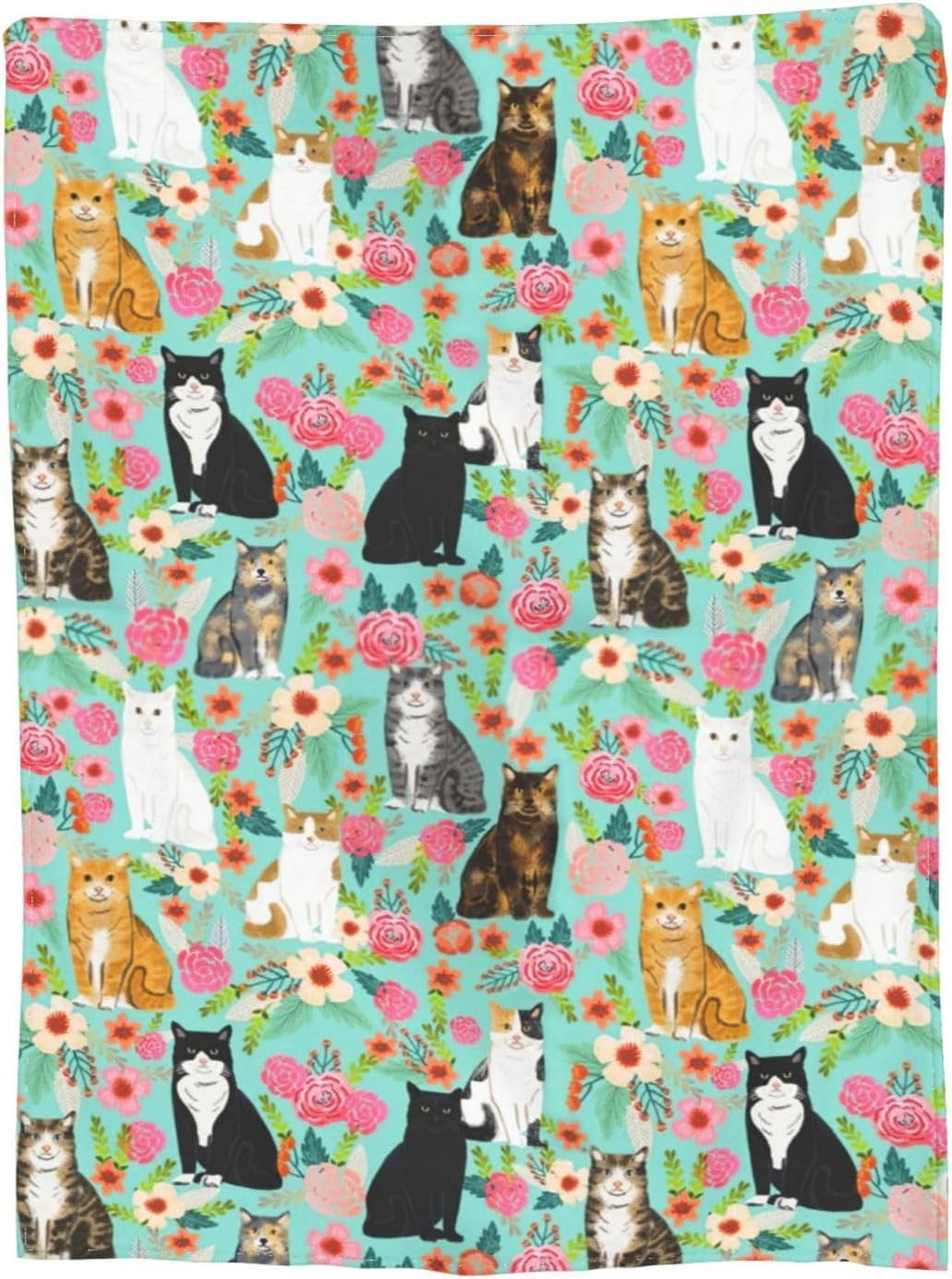 Cat Blanket Gifts for Girls Women Cute Cats Flowers Flannel Fleece Throw Blanket Soft Plush Lightweight Warm Fuzzy Teal Blanket for Cat Lovers Decor Bed Couch Living Room for Kids 50"X60"