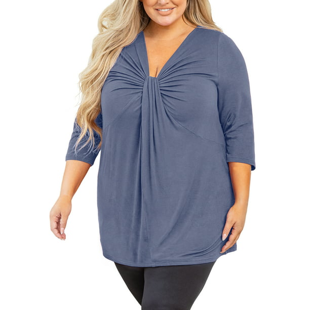 POPYOUNG Women's Plus Size Tunic 3/4 Sleeve Knot Front Top V Neck Loose Fitting Casual T-Shirt Purple Gray Red 10W -
