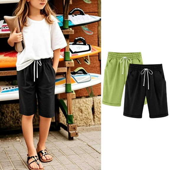2 Pack Girls Casual Bermuda Shorts Kids Knee Length High Waisted Summer Shorts Comfy Drawstring Short Pants with Pockets