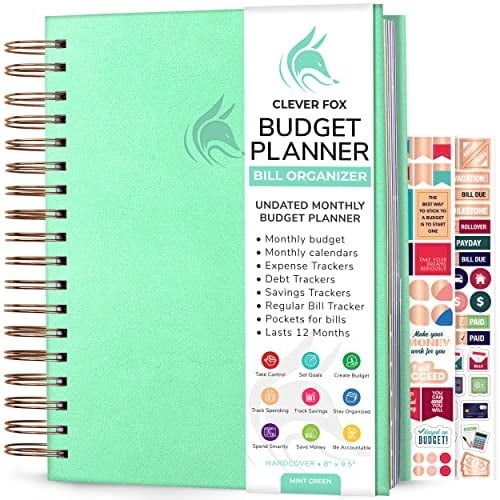 Planif. de presupuesto y organizador mensual Clever Fox con bolsillos. Cuaderno de seguimiento de gastos, diario y planif. financiero. Tamaño grande (8 "x9.5") - Verde menta