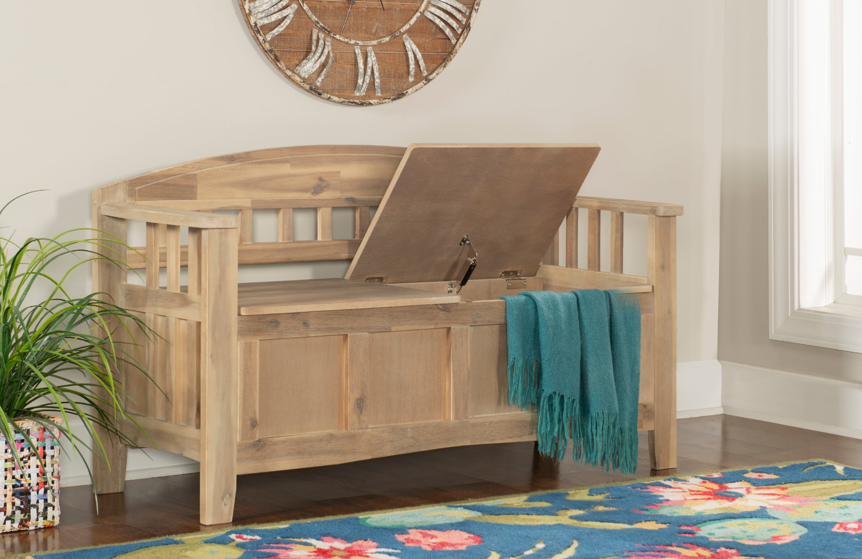 Linon Gilman Entryway Storage Bench, 18" Seat Height, Natural Wash Finish