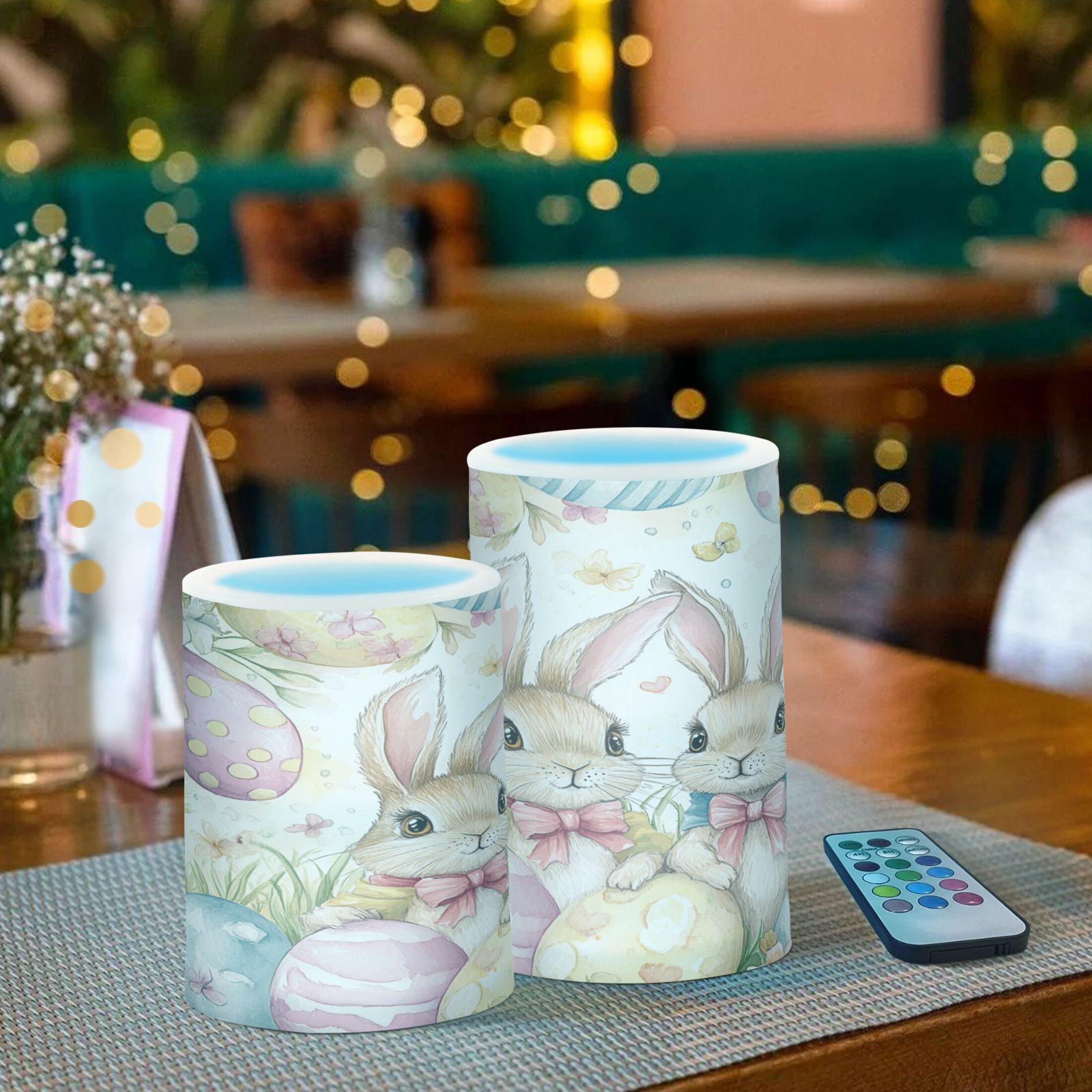 Flickering Flameless LED Candles set of 2 Battery Operated 18-Key Remotes Timer Halloween Fall Decor Cute Bunnies and Easter Eggs D3''xH4''5''