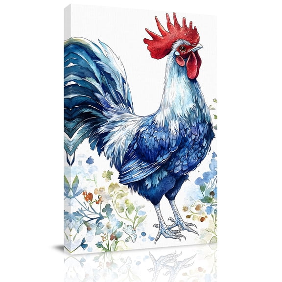 Vintage Blue Rooster Canvas Wall Art for Living Room, Farmhouse Rustic Flower Country Animal Poster Print Painting for Bedroom Office Home Decoration Wall Pictures Prepare To Hang 16"x16"