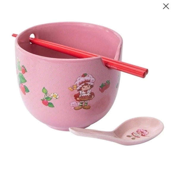 Strawberry Shortcake Pink Ramen Noodle Bowl with Spoon & Chopstick