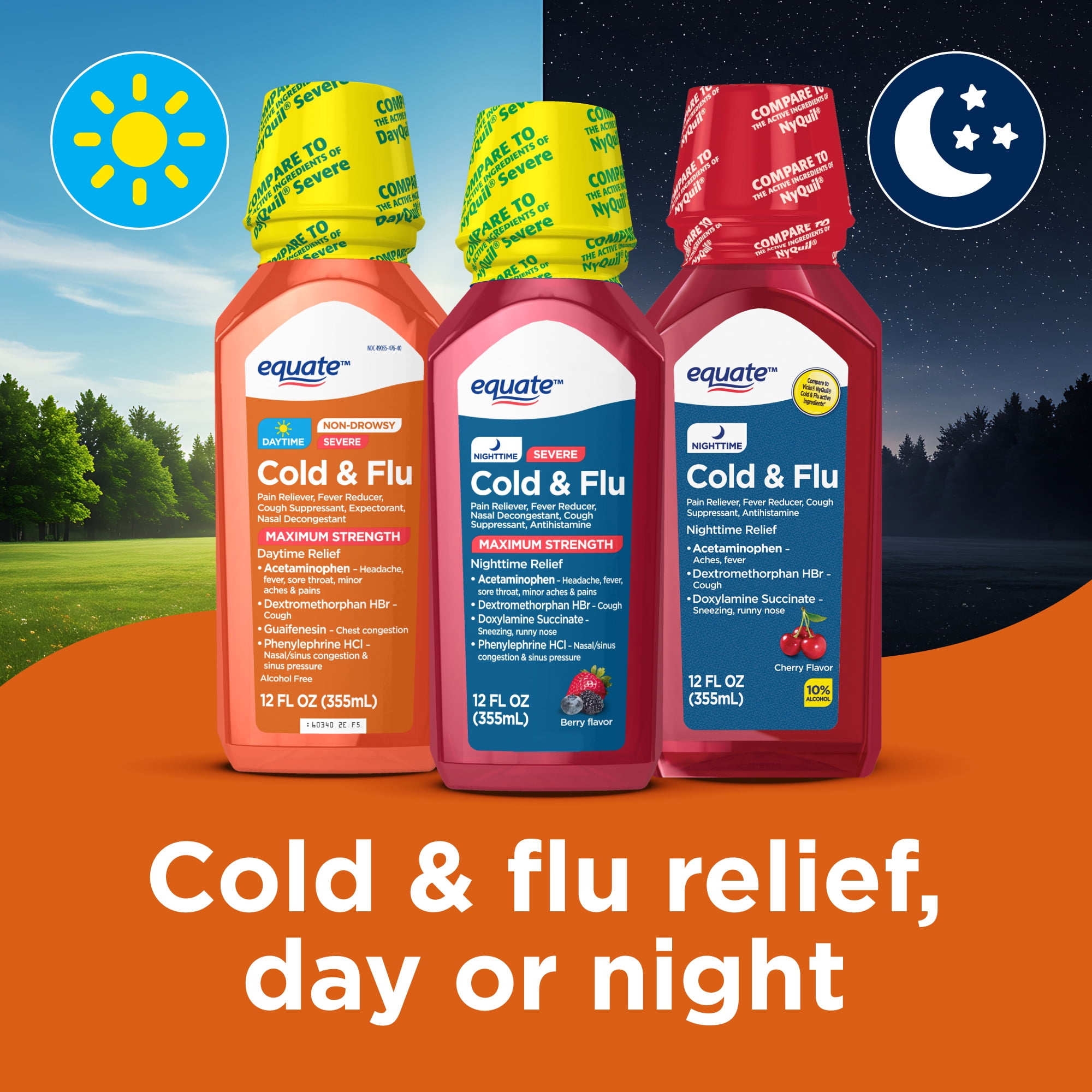 Equate Non Drowsy Daytime Severe Cold & Flu Liquid, Original Flavor, 12 Fl Oz, Cold and Flu Medicine for Adults and Children 6 and over, Compare to Vicks® DayQuil® Severe Active Ingredients