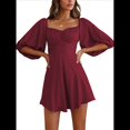 thumbnail image 1 of Vestidos de Verano para Mujer, Cuello Cuadrado, Espalda Anudada, Mangas Farol, Volantes, Vestido Informal de Corte A Vino Tinto M, 1 of 9