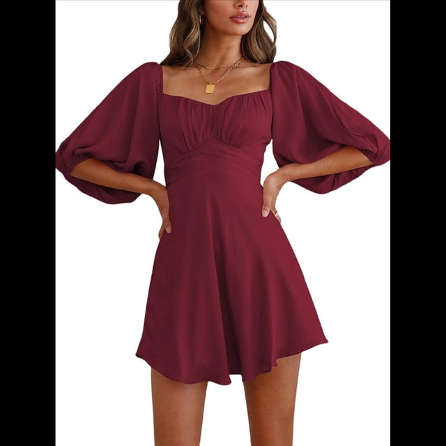 Vestidos de Verano para Mujer, Cuello Cuadrado, Espalda Anudada, Mangas Farol, Volantes, Vestido Informal de Corte A Vino Tinto S