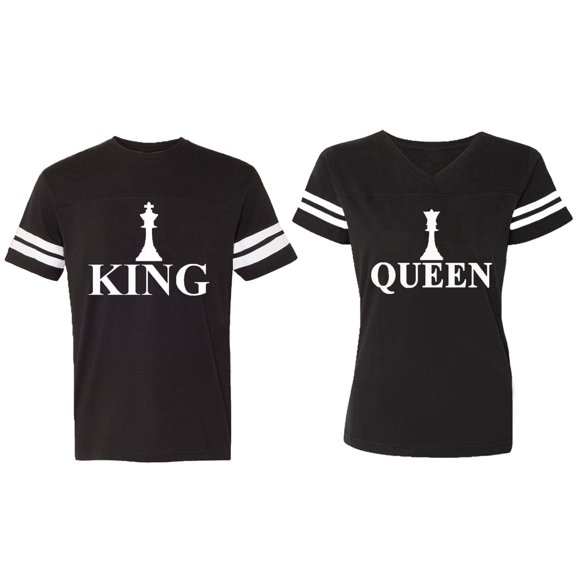 Chess King Queen Matching Couple Cotton Jerseys (Men Black / Women Black) (Men S / Women S)