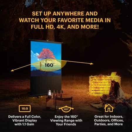 Kodak - 100" Projector Screen, Pull Up Projector Screen and Stand, Portable Projector Screen with Handle and Carrying Case - Black/White