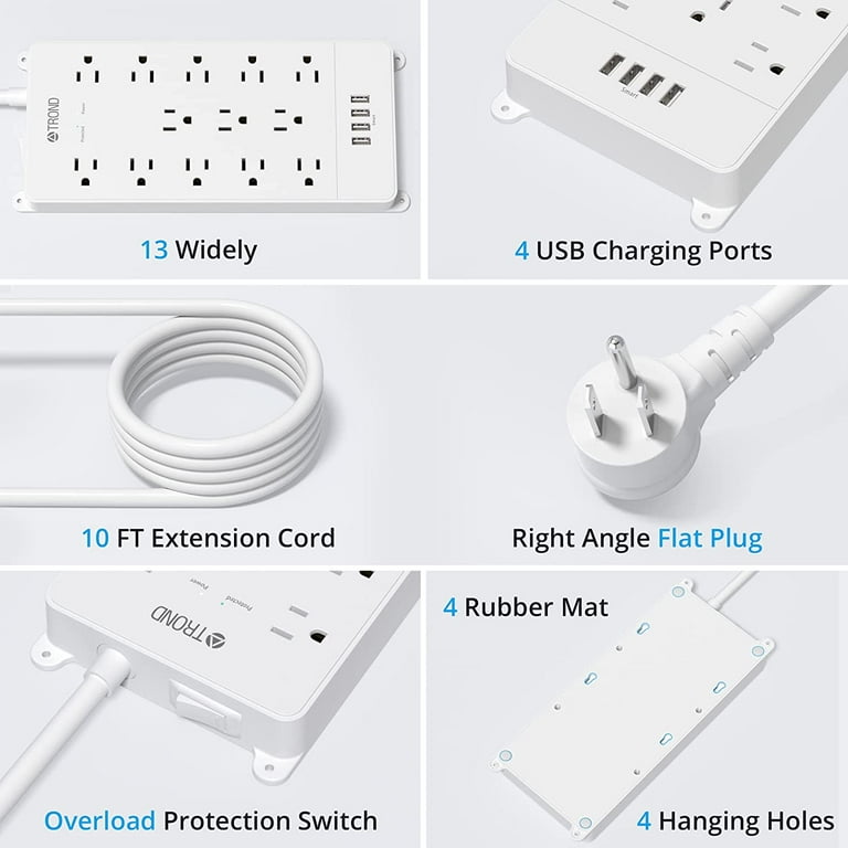 Long Extension Cord 10 FT with USB C Port, Flat Plug Power Strip Surge  Protector with