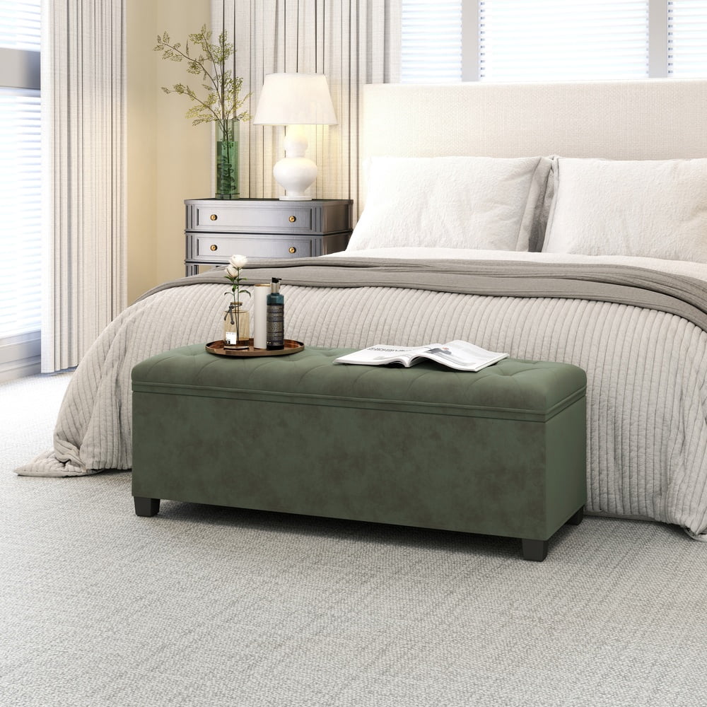 LEDREM 43-Inch Velvet Storage Ottoman Bench with Removable Cover, 660LB Capacity Foot Rest Stool for Living Room Bedroom, Forest Green