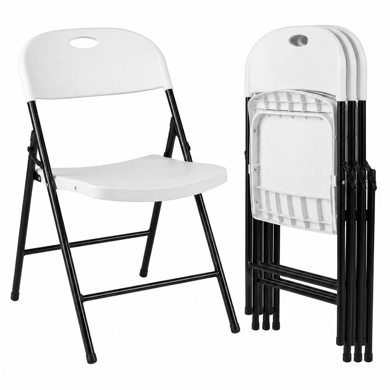 Furnibear Set of 4 Foldable Plastic Chairs with Ergonomic Backrest for Kitchen Dining Room Living Room Home, White