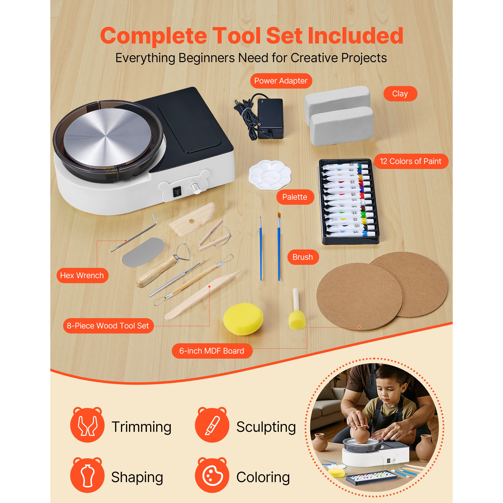 KFFKFF Mini Pottery Wheel, 6-Inch Turntable, Adjustable Speed, Forward & Reverse Rotation, Electric Clay Wheel for Adults and Kids, Includes Clay Shaping Tools, Ideal for DIY Projects and Pottery Cla