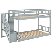 Euroco Wood Twin over Twin Floor Bunk Bed with Staircase for Kids Teens Room, Gray