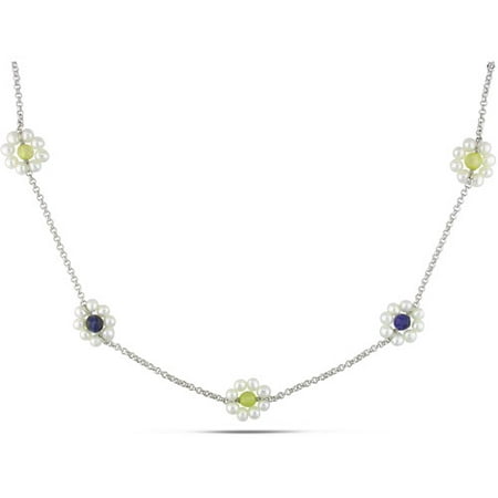 3.5mm-4.5mm Cultured Freshwater Pearl and 3-1/2 Carat T.G.W. Dumortierite and Yellow Agate Sterling Silver Chain, 18