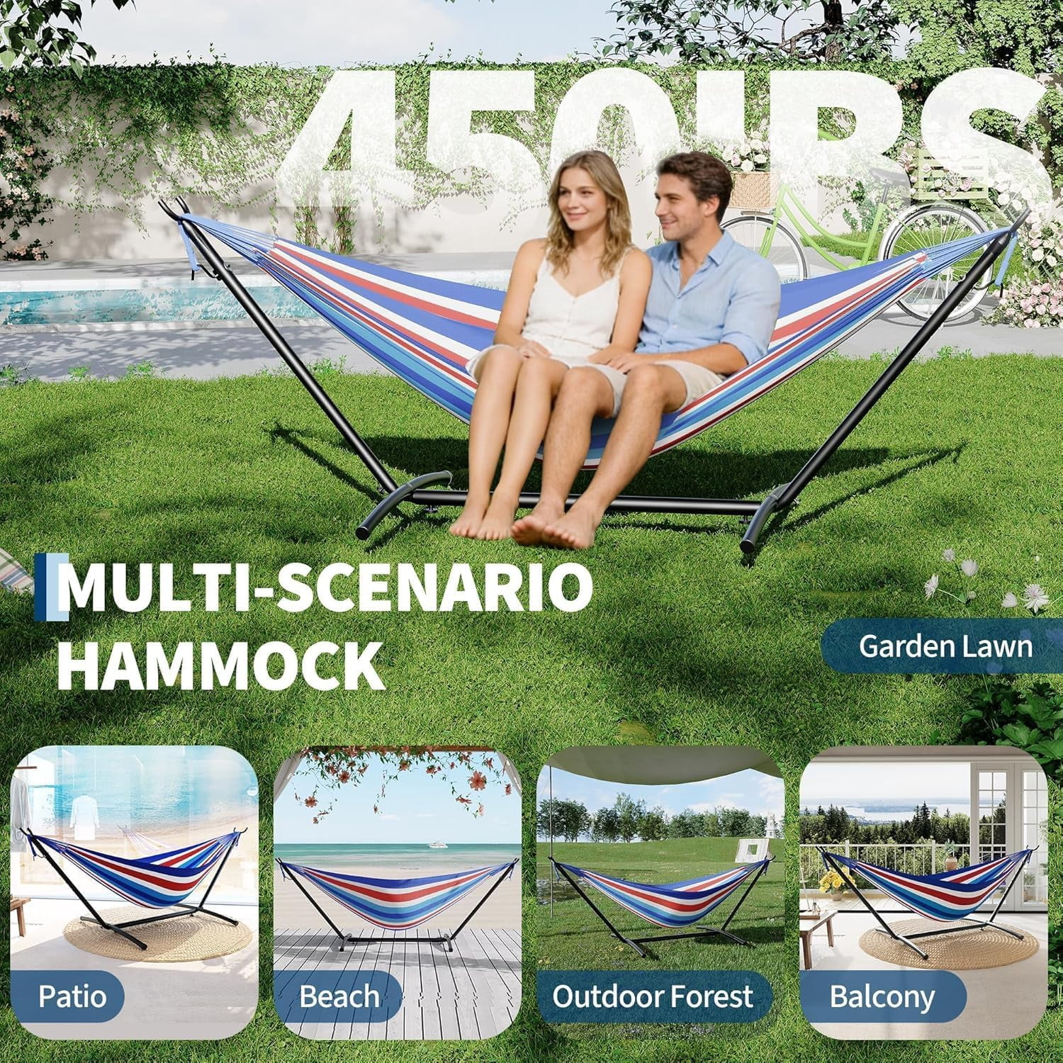 Double Hammock, Heavy Duty Portable, 500 lb Weight Capacity, Perfect for Both Indoors and Outdoors, 2 Person Hammock with Carrying Bag