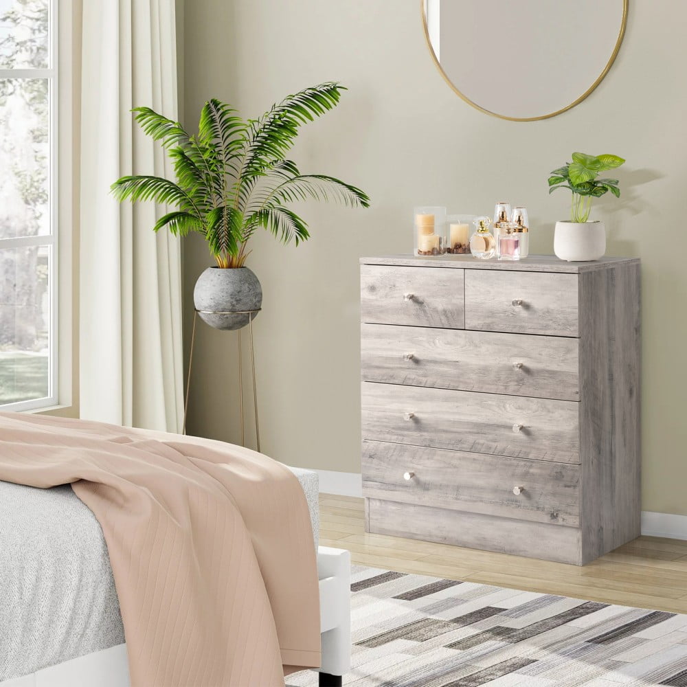 IVV 5 Drawer Dresser for Bedroom, Farmhouse Chest of Drawers, Bedroom Furniture, Clothes Storage and Organizer, 25.98"L x 12.99"W x 28.74"H, Gray
