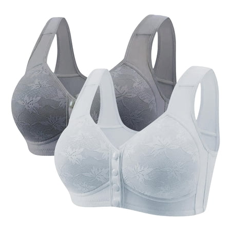 SMihono Daisy Bras for Women Front Closure No Underwire Comfort Senior Wireless Front Snap Embroidered Lace Everyday Bra 2-Pack Light Blue XXXXXXL