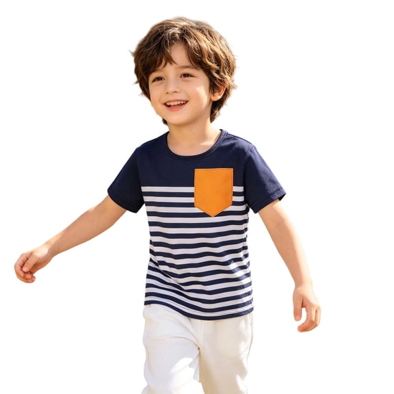 JCCXIN Kids Striped Tshirts For Boys Cartoon Graphic Crew Neck Outdoor Active Tops Stretch Short Sleeve Summer School Cozy Casual Daily Clothes,Dark Blue,3-4 Years