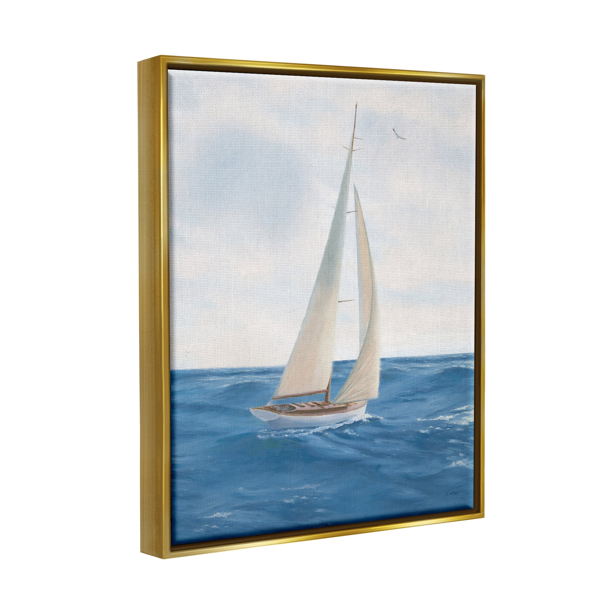 Stupell Industries Sailboat in Ocean Waves Transportation Painting Gold Floater Framed Art Print Wall Art, 25 x 31