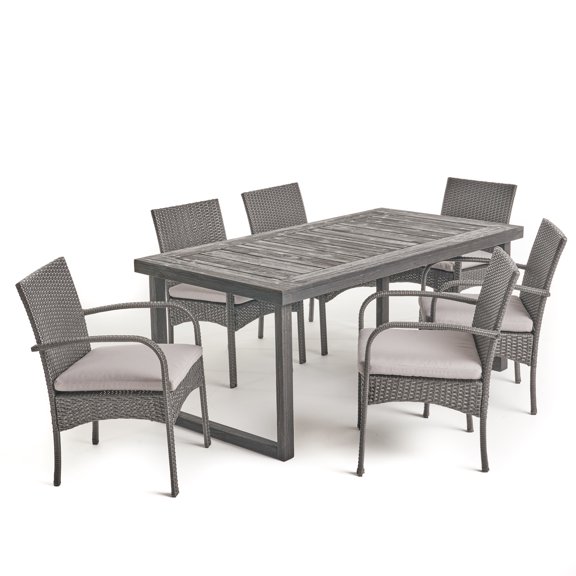 GDF Studio Magno Outdoor Acacia Wood and Wicker 7 Piece Dining Set with Cushion, Gray