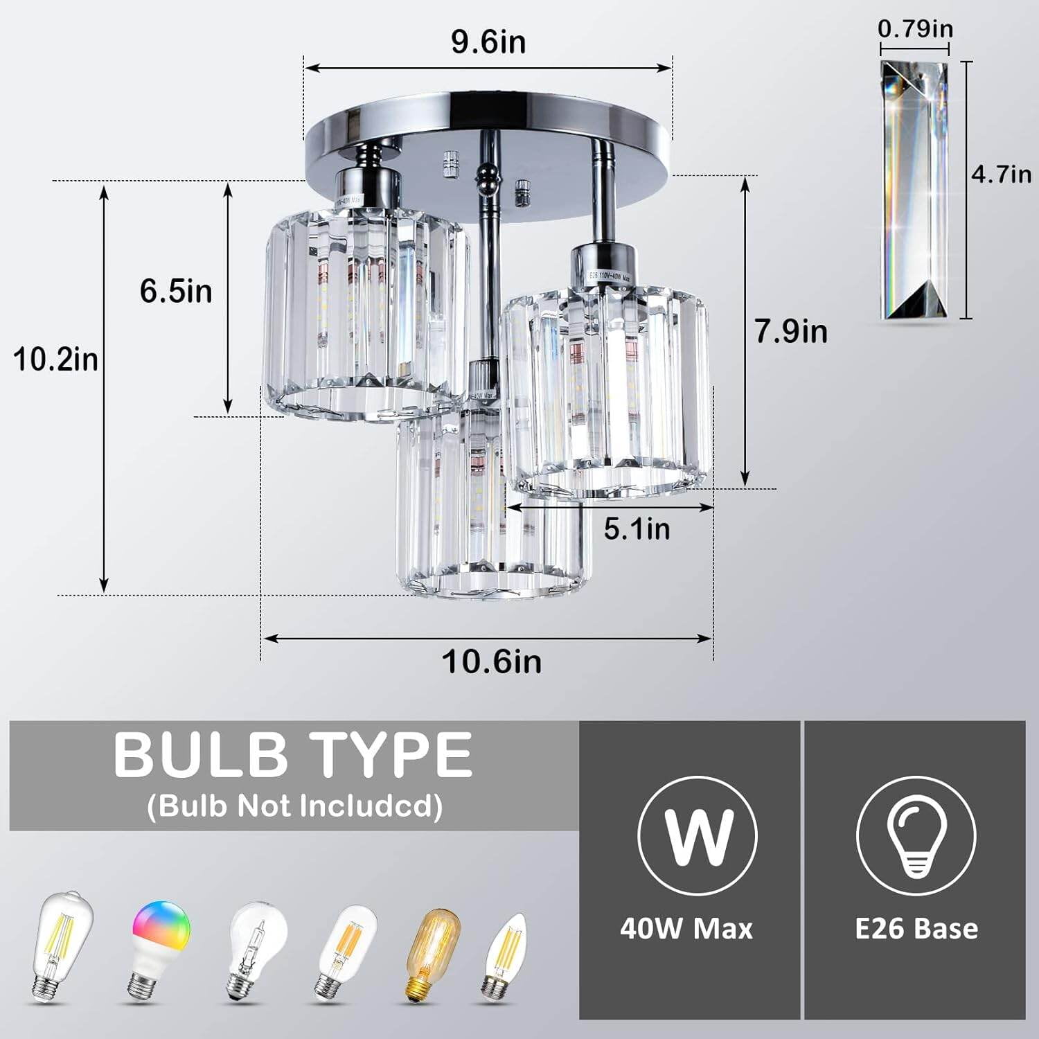 Semi Flush Mount Ceiling,3-Light Kitchen Mount,Hallway Light Fixtures Ceiling with Clear Crystal Shades for Kitchen Entryway Bedroom Bathroom Foyer,Silver Crystal Lighting Lamps
