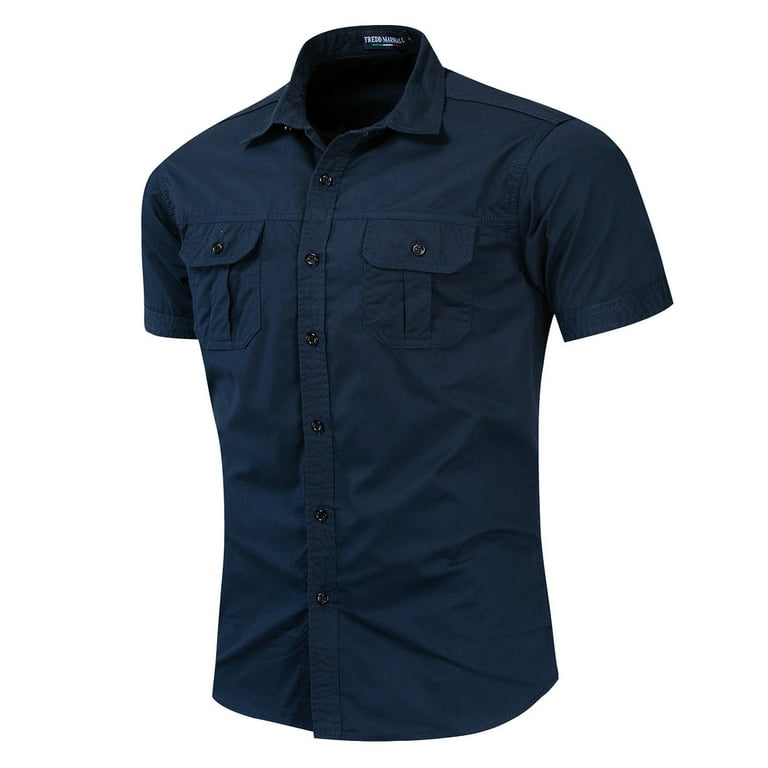 Bjutir Shirts for Men Tops Sun Proof Hiking Fishing Shirt Short Sleeve Outdoor Cool Cargo Button Down Shirts with Pockets, Men's, Size: XL, Blue