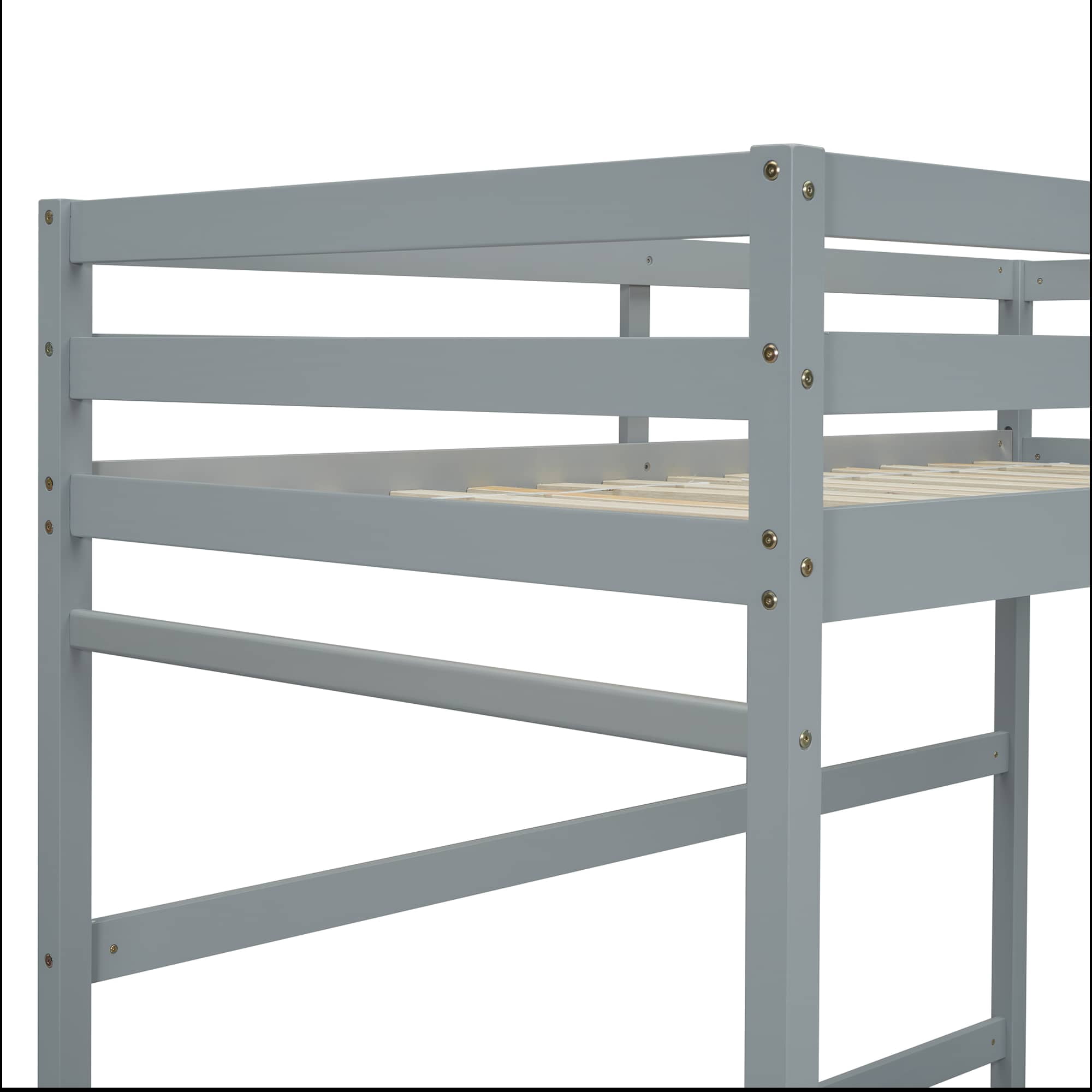 MAYEERTY Twin Size Loft Bed with Inclined Ladder, Guardrails, Grey