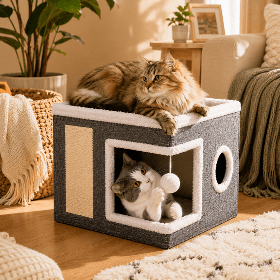 Alkirakira 2-in-1 Indoor Cat House with Scratching Post and Hanging Toy Ball, Medium, Gray
