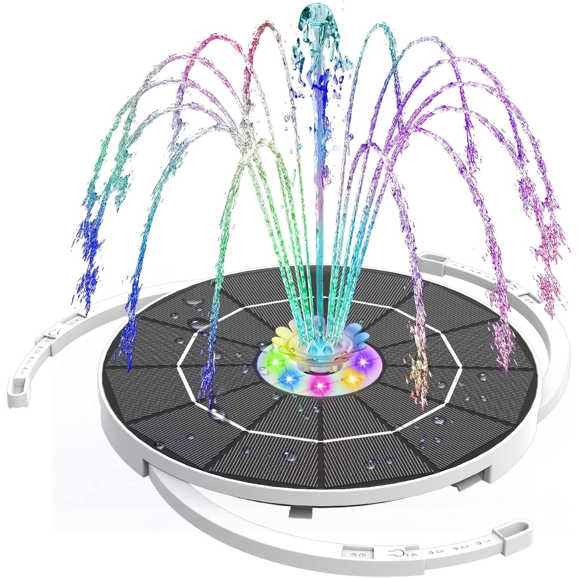 5.5W LED Solar Fountain Pump with 3000mAh Battery, 8 Nozzles & Color LED Lights for Outdoor Garden, Pond, Bird Bath and Swimming Pool