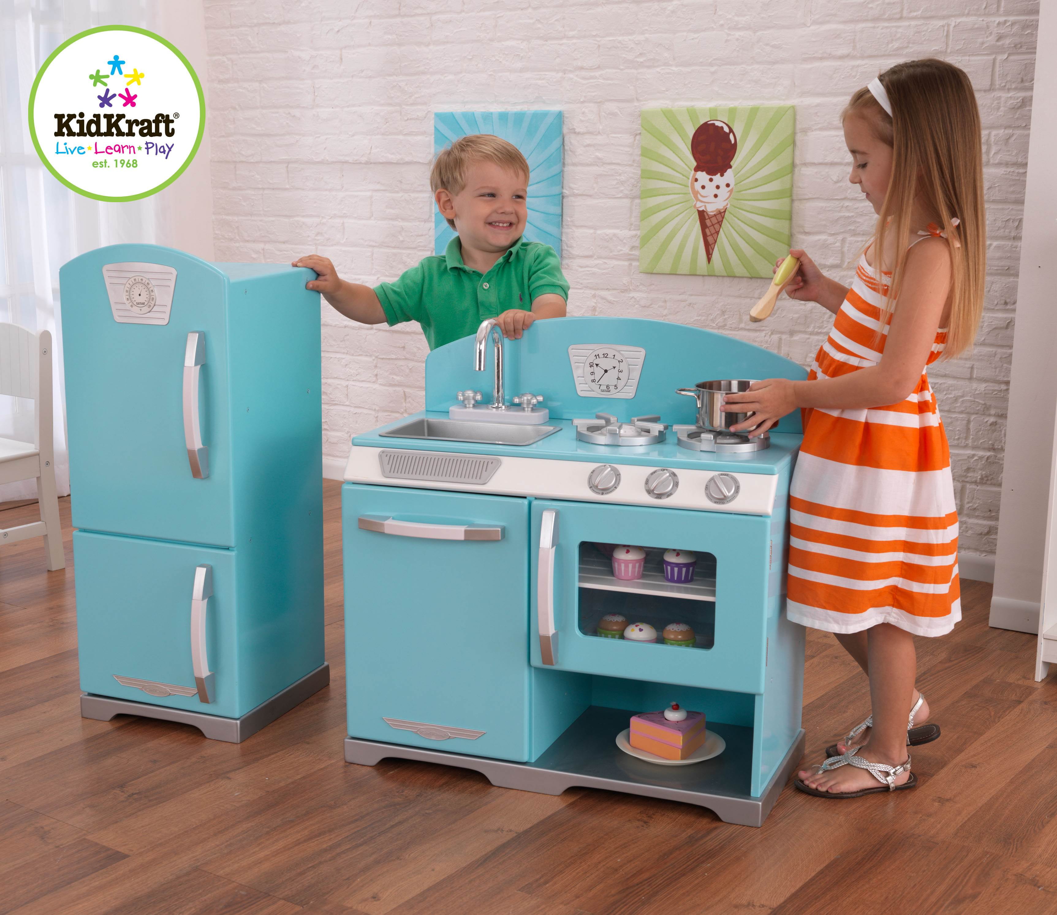 Kidkraft blue retro store kitchen and refrigerator