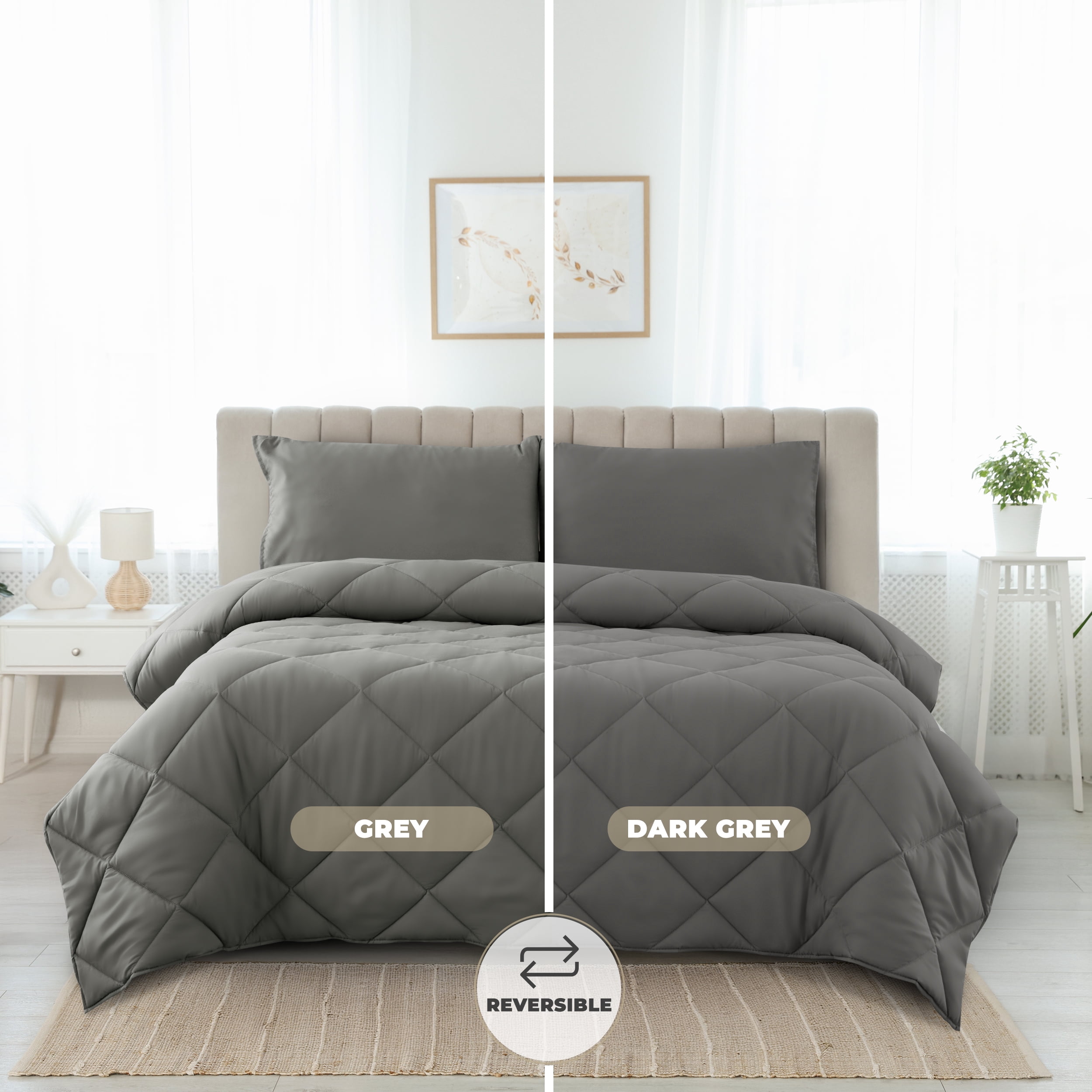 Lux Decor All-Season Comforter Sets King Size 3 PC, Reversible Bedding Set with Diamond Quilted Design Comforter and 2 Pillow Shams, Lightweight & Cozy Set de Cama Gray/Dark Gray