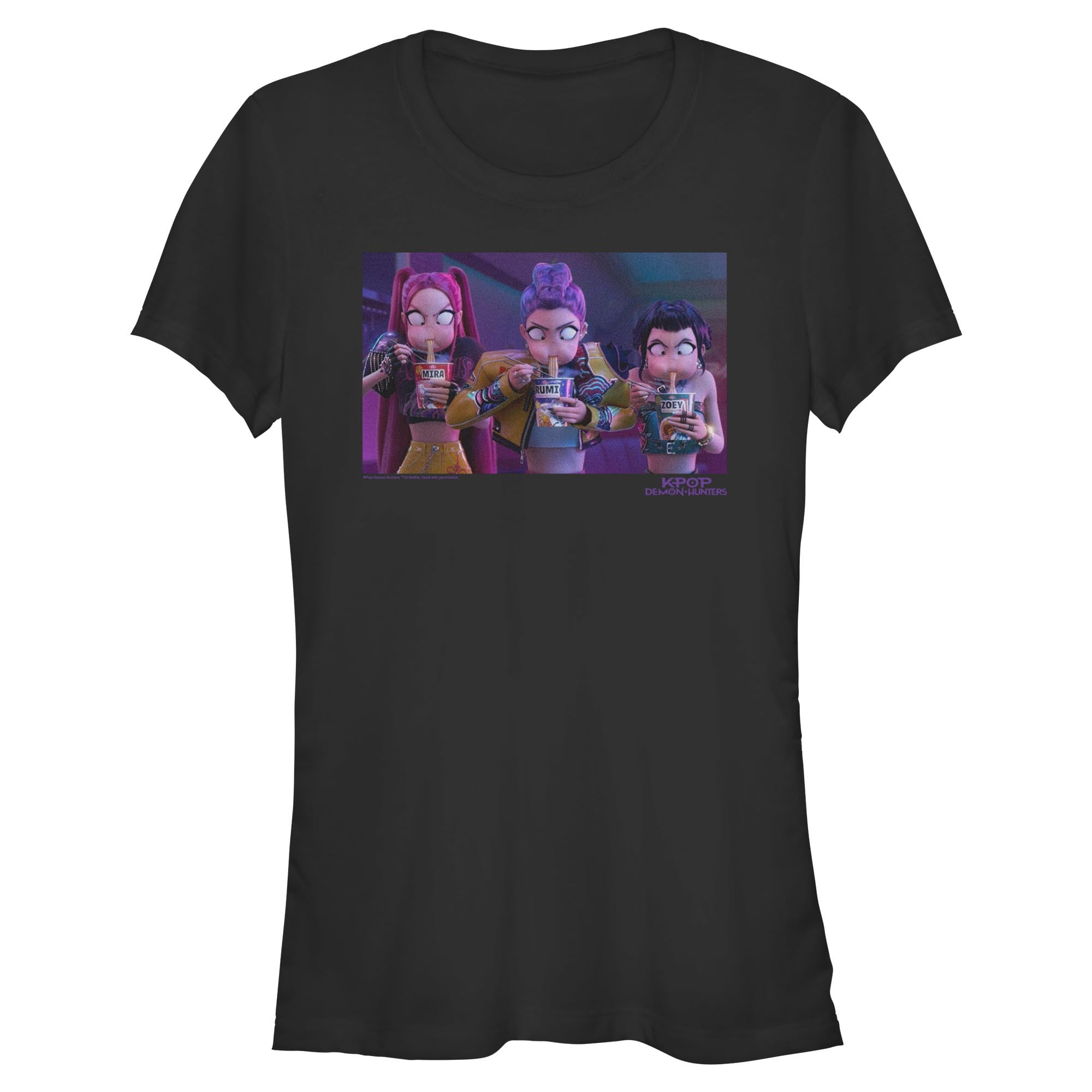 Juniors KPop Demon Hunters Rumi, Mira and Zoey Ramyeon T Shirt
