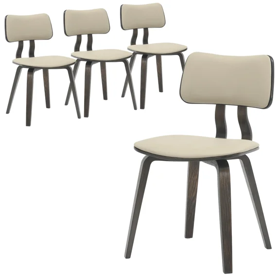 LeisureMod Clivo Leather Dining Chair – Modern Open-Back with Curved Wooden Slats & Poplar Wood Legs for Kitchen or Dining Room Set of 4